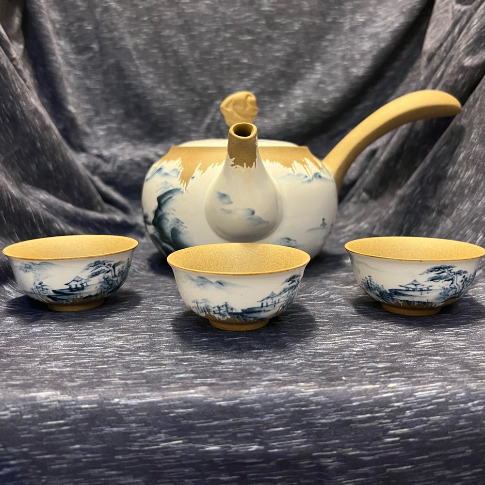 Elegant Blue and White Glazed Tea Set